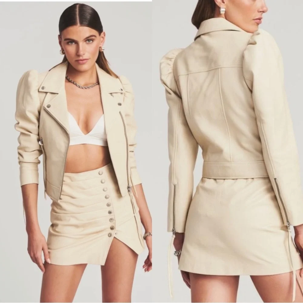 Retrofete Lo Puff Sleeve Leather Jacket in Pistachio Tan Medium $895